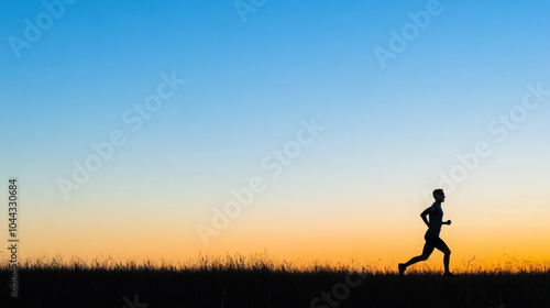 Silhouette of a male athlete jogging at sunset in a peaceful outdoor setting.