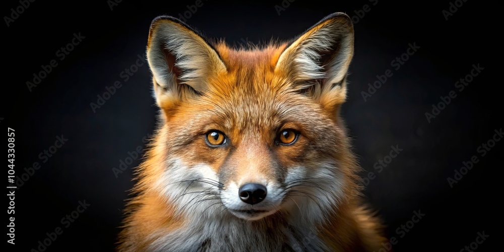 Fototapeta premium A Close-up Portrait of a Fox with Intriguing Golden Eyes, Soft Fur, and a Sharp Gaze Against a Deep Black Background