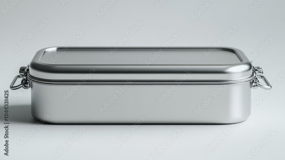 Stainless steel lunch box mockup with secure metal clasps displayed on a white background. Ideal for packaging designs eco-friendly lunch container promotions and product presentations.. Generative AI Stainless steel lunch box mockup with secure metal clasps displayed on a white background. Ideal for packaging designs eco-friendly lunch container promotions and product presentations.. Generative AI