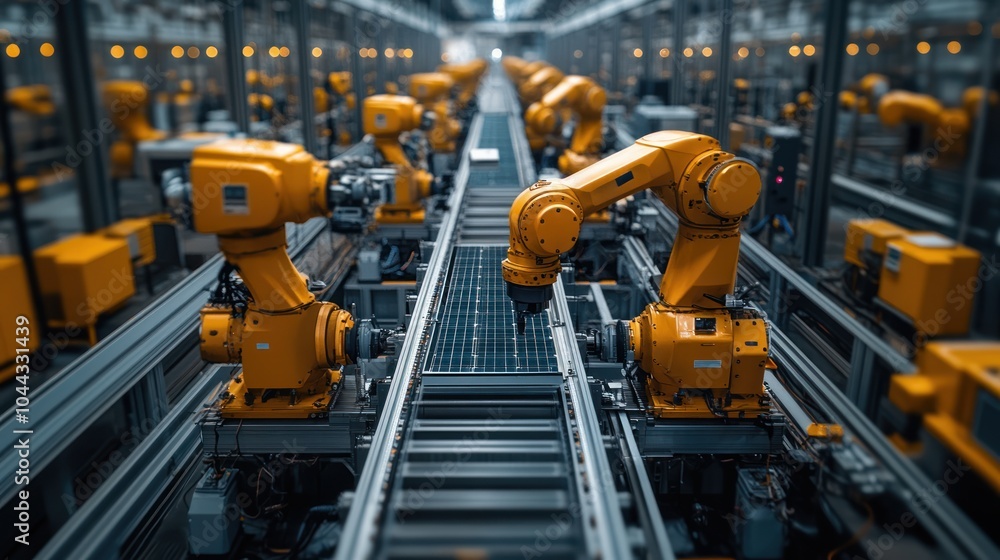 A high-tech factory using renewable energy for sustainable manufacturing, with advanced machines and solar panels visible outside. A high-tech factory using renewable energy for sustainable manufacturing, with advanced machines and solar panels visible outside.