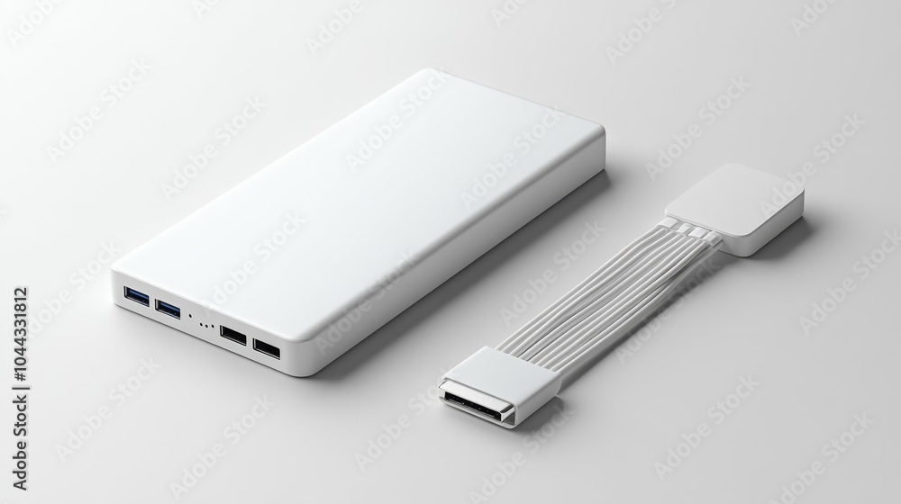 White Portable Power Bank with Cable Mockup on White Background Compact Charger Design. Generative AI White Portable Power Bank with Cable Mockup on White Background Compact Charger Design. Generative AI