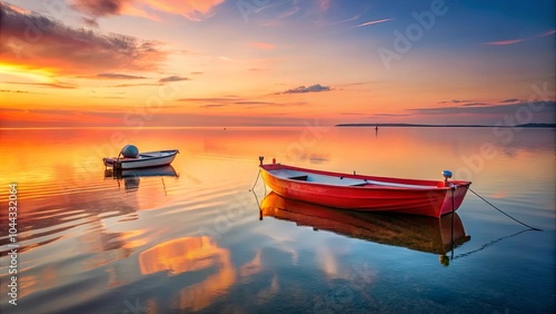 Serene Sunset Reflection Two Boats Anchored in a Calm, Golden-Lit Waterway, Reflecting the Fiery Hues of the Setting Sun