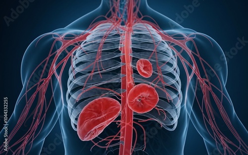 3D illustration of the human circulatory system, with emphasis on the lungs and the heart. photo