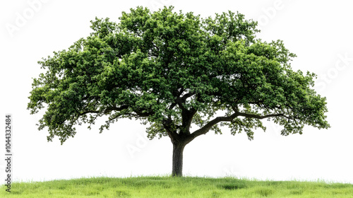 Isolated Oak Tree in Green Grass, leaves, branches, white background, nature, forest