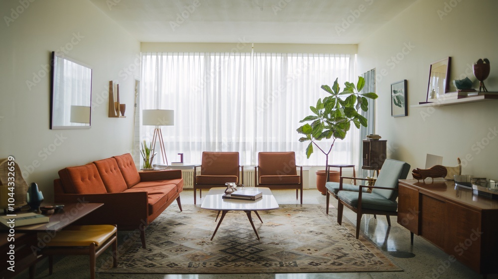 Mid-Century Modern Living Room Mid-century modern living room with large windows, a red couch, and two armchairs. Mid-Century Modern Living Room Mid-century modern living room with large windows, a red couch, and two armchairs.