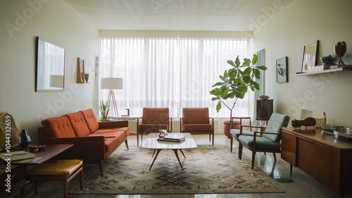 Mid-Century Modern Living Room Mid-century modern living room with large windows, a red couch, and two armchairs.