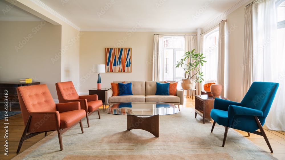 Mid-Century Modern Living Room Modern living room interior with a beige sofa, four chairs, a coffee table, a plant, and a wall art. Mid-Century Modern Living Room Modern living room interior with a beige sofa, four chairs, a coffee table, a plant, and a wall art.