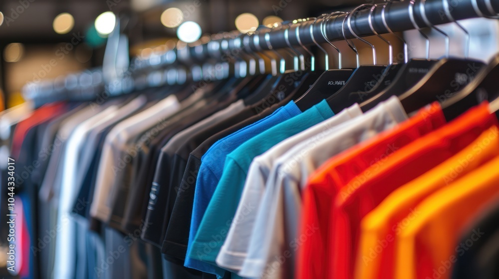 Colorful T-Shirts Hanging on Racks Colorful T-Shirts Hanging on Racks