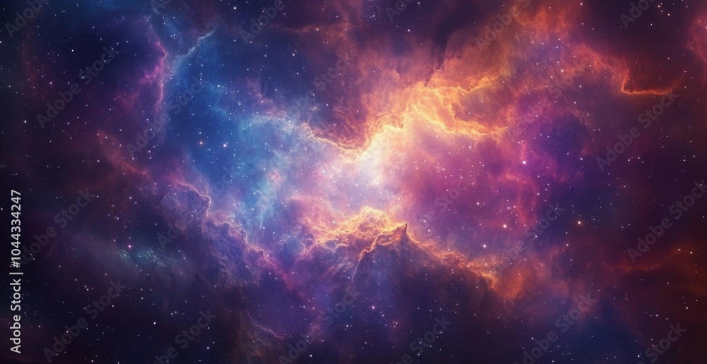 A vibrant nebula with swirling clouds of red, orange, and blue, against a backdrop of twinkling stars. A vibrant nebula with swirling clouds of red, orange, and blue, against a backdrop of twinkling stars.