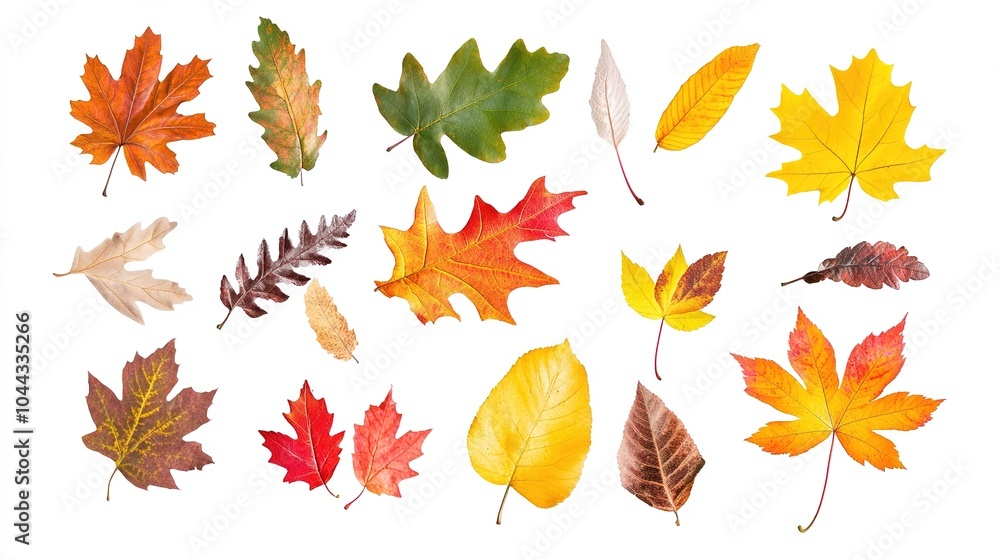 Fototapeta premium A vibrant collage of colorful leaves from various European trees dances wildly together in the wind, creating a beautiful display of autumn hues. This lively scene captures the essence of fall 