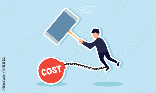 A businessman tries to strike a weight labeled COST binding his legs with a giant hammer, illustrating the effort to relieve cost burdens on the business