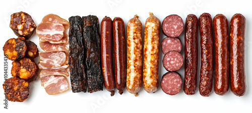 Variety of cured meats and sausages on white background, smoked sausage, salami, chorizo, pepperoni, bacon