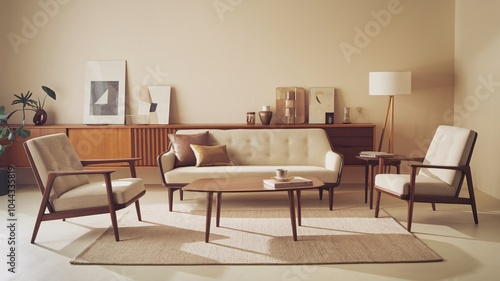 Wallpaper Mural Mid-Century Modern Living Room A modern living room with a sofa, chairs, and a coffee table. Torontodigital.ca