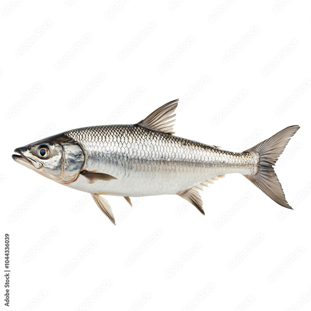 Fototapeta premium Discover the Elegance of Aquatic Life: A Closeup Look at the Tarpon Fish, Highlighting Its Silver Scales and Unique Features in Marine Photography. Isolated on Transparent Background. 