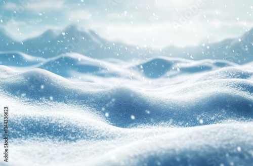 Close-up of fresh, white snow falling on a snow-covered field with a mountain range in the background. photo