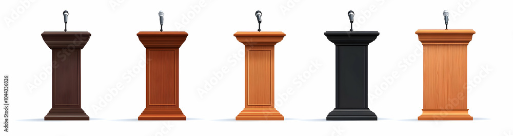 Set of Realistic Wooden Podiums with Microphone for Speech, lectern, rostrum, stand, presentation, speaker Set of Realistic Wooden Podiums with Microphone for Speech, lectern, rostrum, stand, presentation, speaker