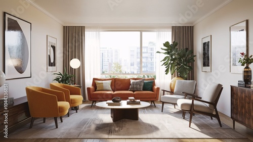 Wallpaper Mural Mid-Century Modern Living Room Modern living room with comfortable furniture, a large window, and stylish decor. Torontodigital.ca