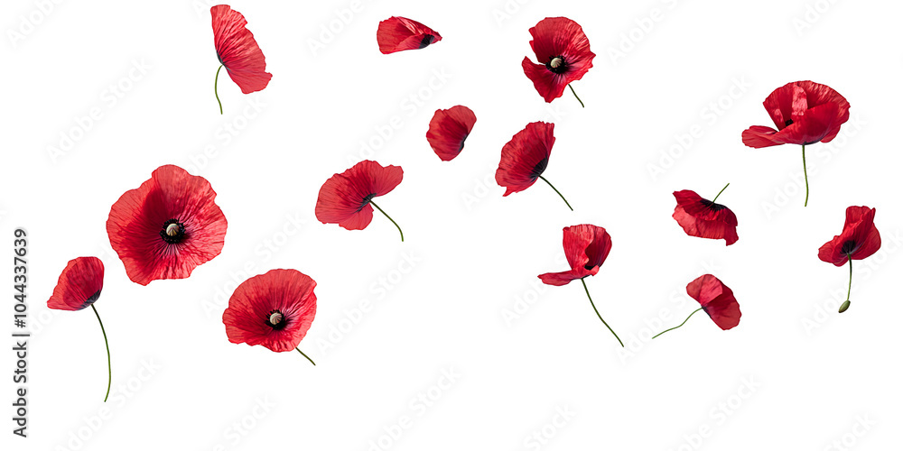 Falling Red Poppy Petals in the Air with Natural Stems on white and transparent background. PNG Falling Red Poppy Petals in the Air with Natural Stems on white and transparent background. PNG