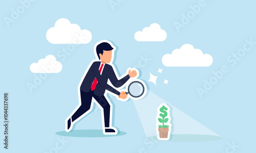 A businessman tries to illuminate a dollar plant using the reflection from a magnifying glass, illustrating maintenance and monitoring of business investments