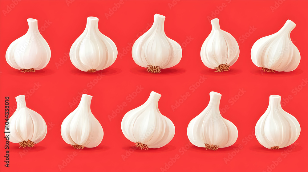 Garlic Cloves Isolated on Red Background, bulb, vegetable, ingredient, food, cooking Garlic Cloves Isolated on Red Background, bulb, vegetable, ingredient, food, cooking
