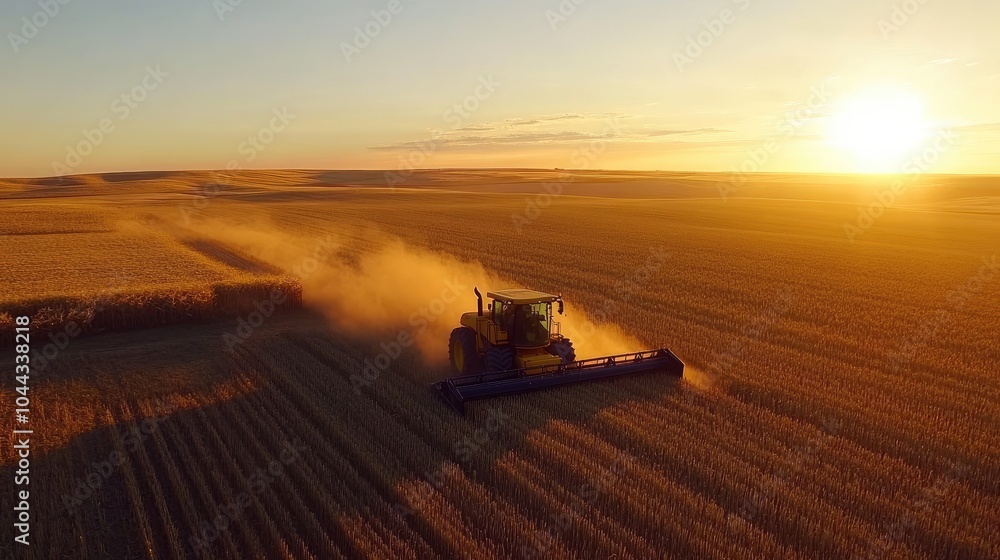 Fototapeta premium Harvesting Fields at Sunset with Dust Clouds