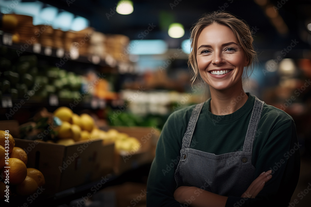 Smiling female grocery worker standing in produce section Smiling female grocery worker standing in produce section