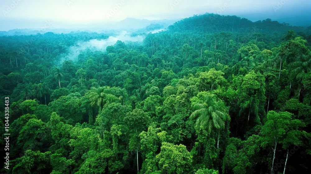 Obraz premium Lush Green Rainforest Landscape with Misty Background