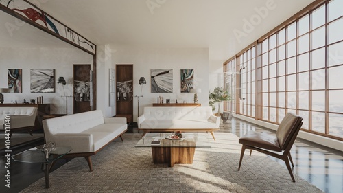 Mid-Century Modern Living Room Modern living room with white sofas, a coffee table, and large windows.