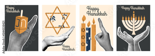 Retro halftone collage of Hanukkah with traditional symbols of the holiday. Vector illustration. Design posters.