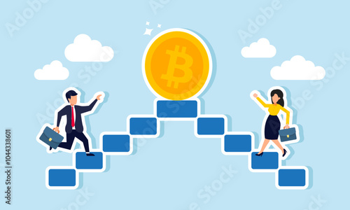 A businessman and businesswoman compete to reach the top of the ladder first to obtain bitcoin, illustrating the rivalry for bitcoin asset ownership