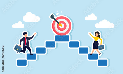 A businessman and businesswoman compete to reach the top of the ladder first to obtain the target board, illustrating competition in achieving more business goals