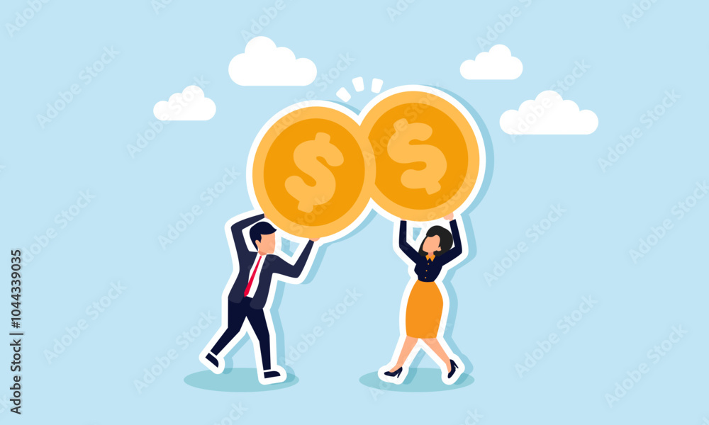 A businessman and businesswoman are clinking their dollar coins like a toast, illustrating a celebration of successful investment strategies in earning company dividends A businessman and businesswoman are clinking their dollar coins like a toast, illustrating a celebration of successful investment strategies in earning company dividends