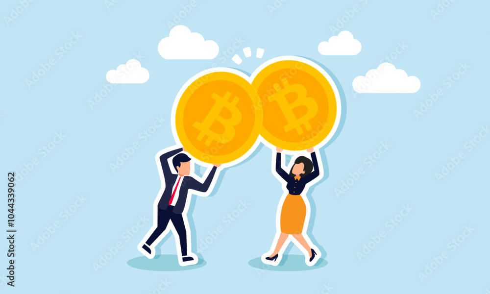 A businessman and businesswoman are clinking their bitcoins like a toast, illustrating a celebration of successful bitcoin investment strategies A businessman and businesswoman are clinking their bitcoins like a toast, illustrating a celebration of successful bitcoin investment strategies