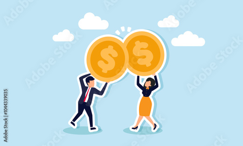 A businessman and businesswoman are clinking their dollar coins like a toast, illustrating a celebration of successful investment strategies in earning company dividends