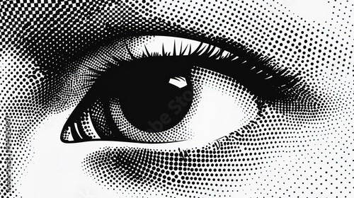 acloseup ofahuman eye the blackand white image is rendered in a flat halftonevector style using large dots with high contrast:only 2 colors white(background) and black(artwork)  photo