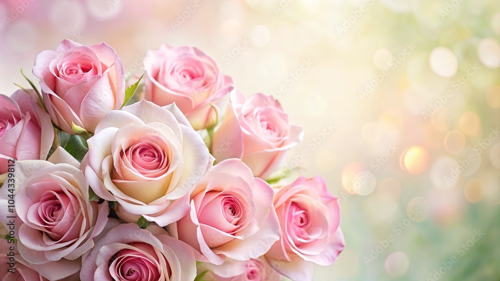 Obraz premium A cluster of delicate pink roses with soft petals, radiating a gentle aura of love and beauty, against a backdrop of blurred golden light.