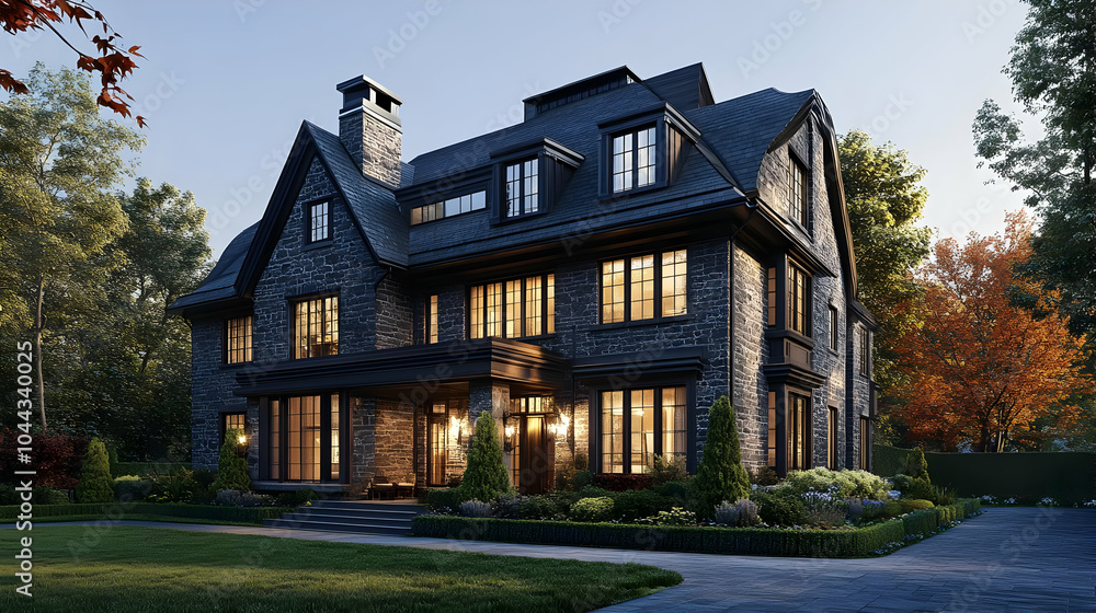 Modern Stone Mansion with Autumnal Landscape, house, home, contemporary, architecture, brick Modern Stone Mansion with Autumnal Landscape, house, home, contemporary, architecture, brick