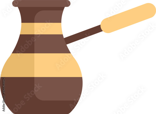 Traditional turkish coffee pot with long wooden handle for brewing coffee on stovetop, flat vector illustration isolated on white background