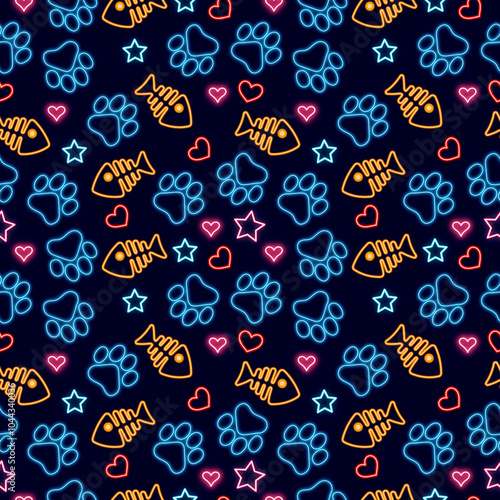 Wallpaper Mural Seamless illustration with cat's paw prints, pattern on a dark blue background with a neon glow effect Torontodigital.ca