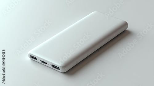 Power bank mockup with sleek white design on white background ideal for tech branding and product presentation featuring a minimalistic and clean design with detailed ports.. Generative AI