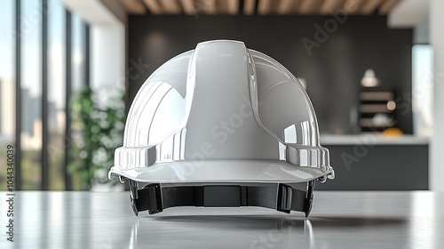 White construction helmet mockup on a modern workspace background perfect for safety gear branding and industrial design presentations.. Generative AI
