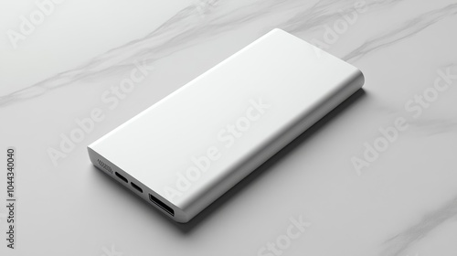 Slim white power bank mockup on a marble surface minimalist and sleek design for tech product branding portable charging devices or promotional photography.. Generative AI