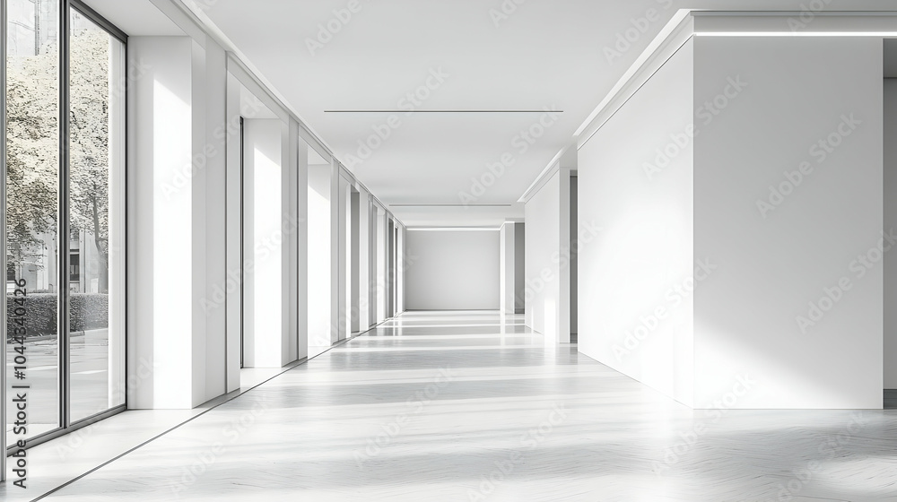 Fototapeta premium Minimalist White Corridor with Sunlight, hallway, architecture, interior, design, modern
