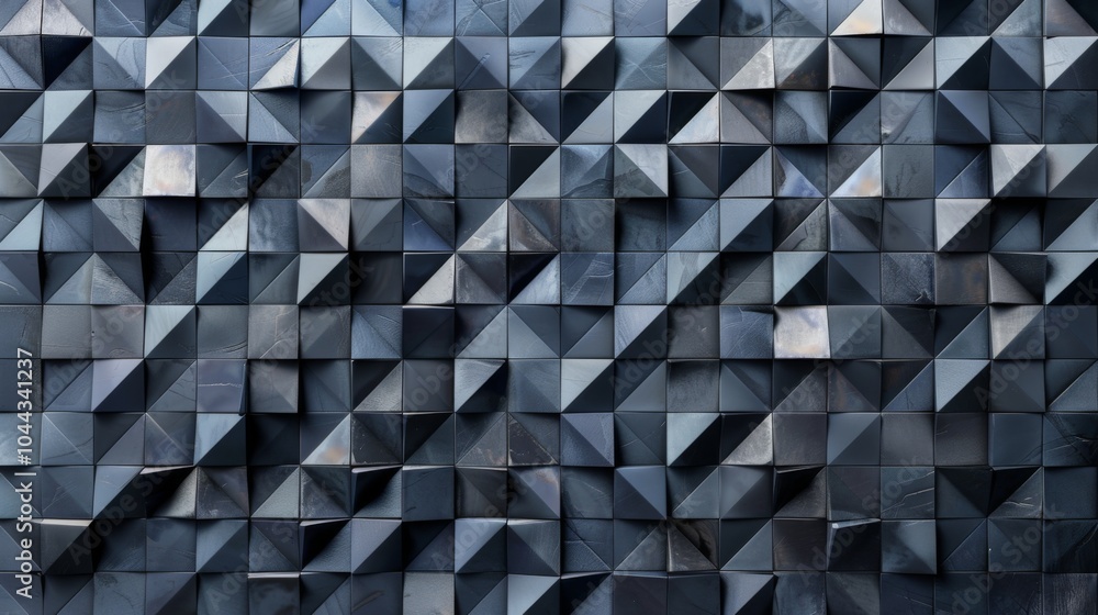 Obraz premium An intricate 3D mosaic of dark blue triangular tiles creates a striking geometric pattern, offering a sense of depth and modern abstract artistry.