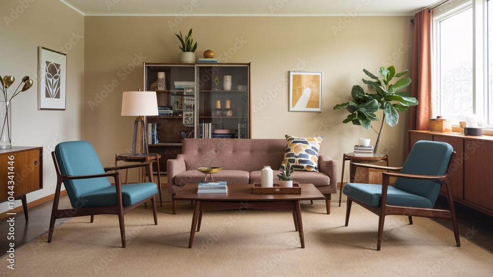 Mid-Century Modern Living Room Mid-century modern living room with a brown sofa, two blue armchairs, a coffee table, two end tables, and a bookcase. Mid-Century Modern Living Room Mid-century modern living room with a brown sofa, two blue armchairs, a coffee table, two end tables, and a bookcase.