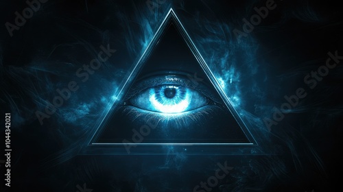 Blue Eye of Providence on black background. All-seeing God's eye in triangle. Illuminati and Freemasons mystical symbol
