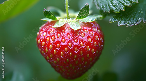 A single, ripe strawberry hangs from a vine with water droplets on the leaves.