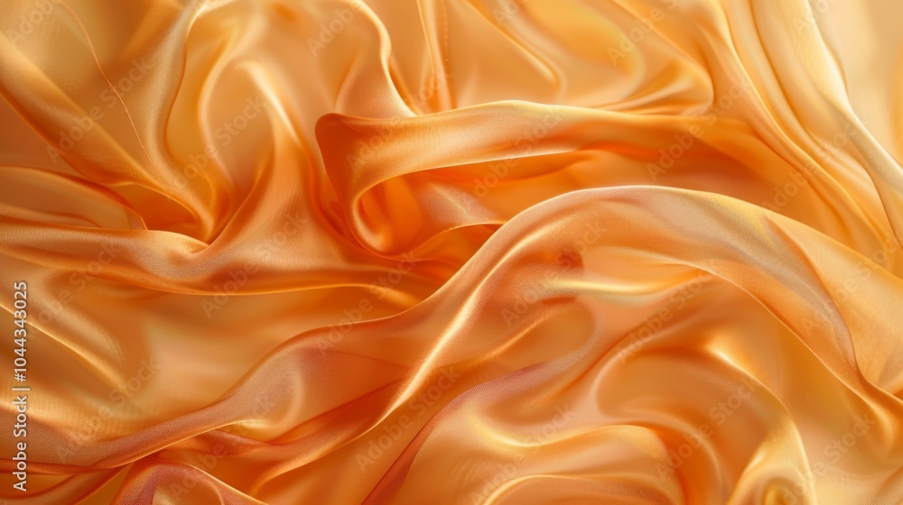 Fototapeta premium The image showcases a luxurious piece of orange satin gracefully arranged in flowing, luminous folds, highlighting its rich texture and vibrant hue.