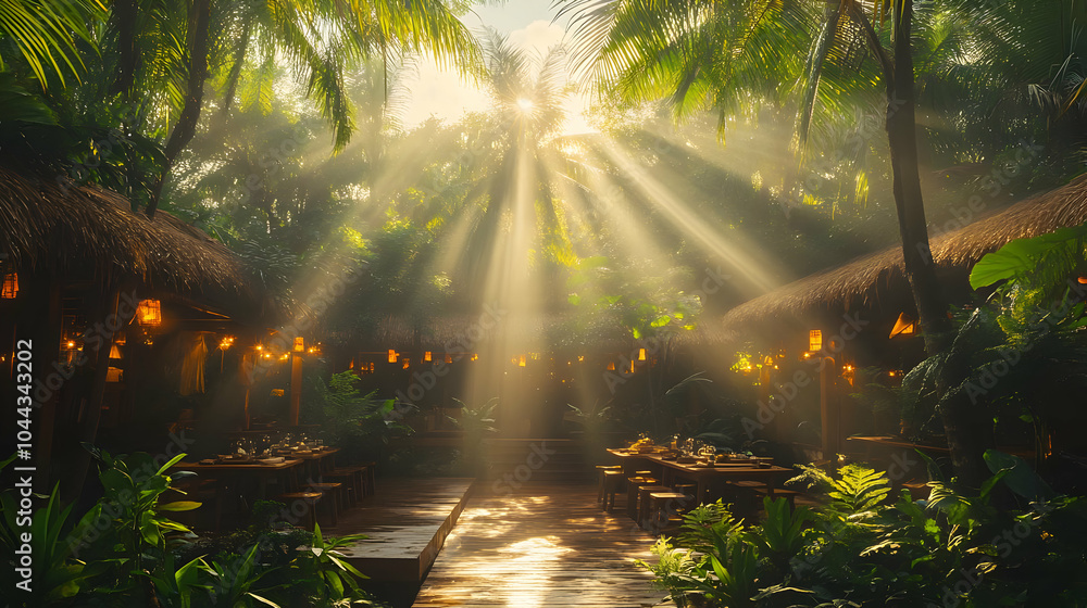 Tropical Rainforest Restaurant with Sun Rays Illustration Tropical Rainforest Restaurant with Sun Rays Illustration
