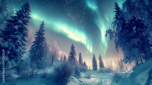 Aurora Borealis Over a Snow-Covered Forest